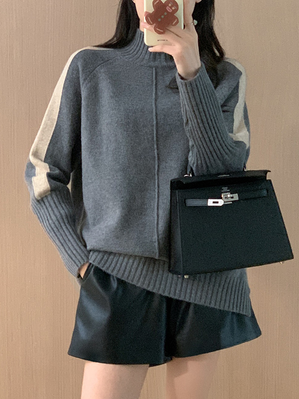 High-Low Long Sleeves Contrast Color Split-Joint Split-Side High Neck Pullovers Sweater Tops