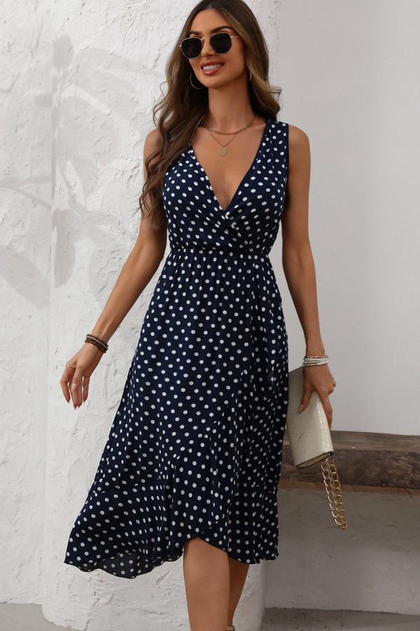 Fashion Dots Print V Neck Casual Dress