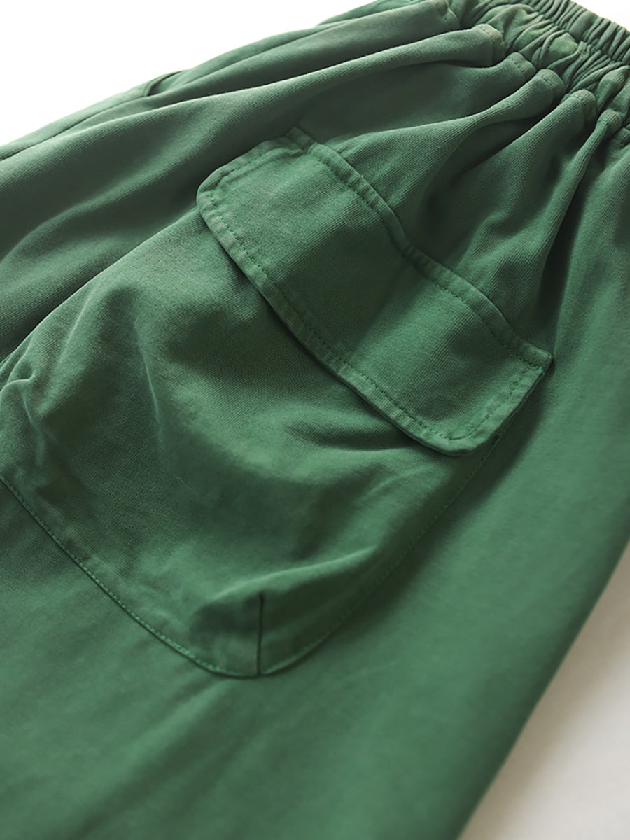 Women Summer Retro Pure Color Cotton Fifth Pants