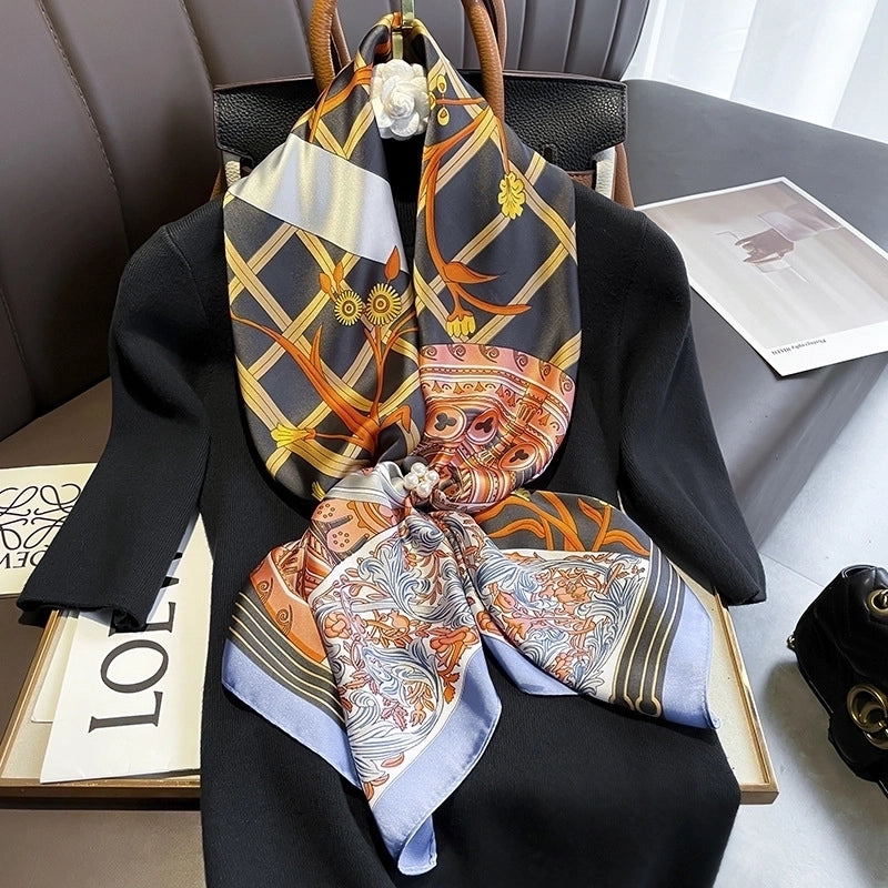 Fashion Light Luxury 90cm Simulation Silk Scarf Simple Striped Large Square Scarf