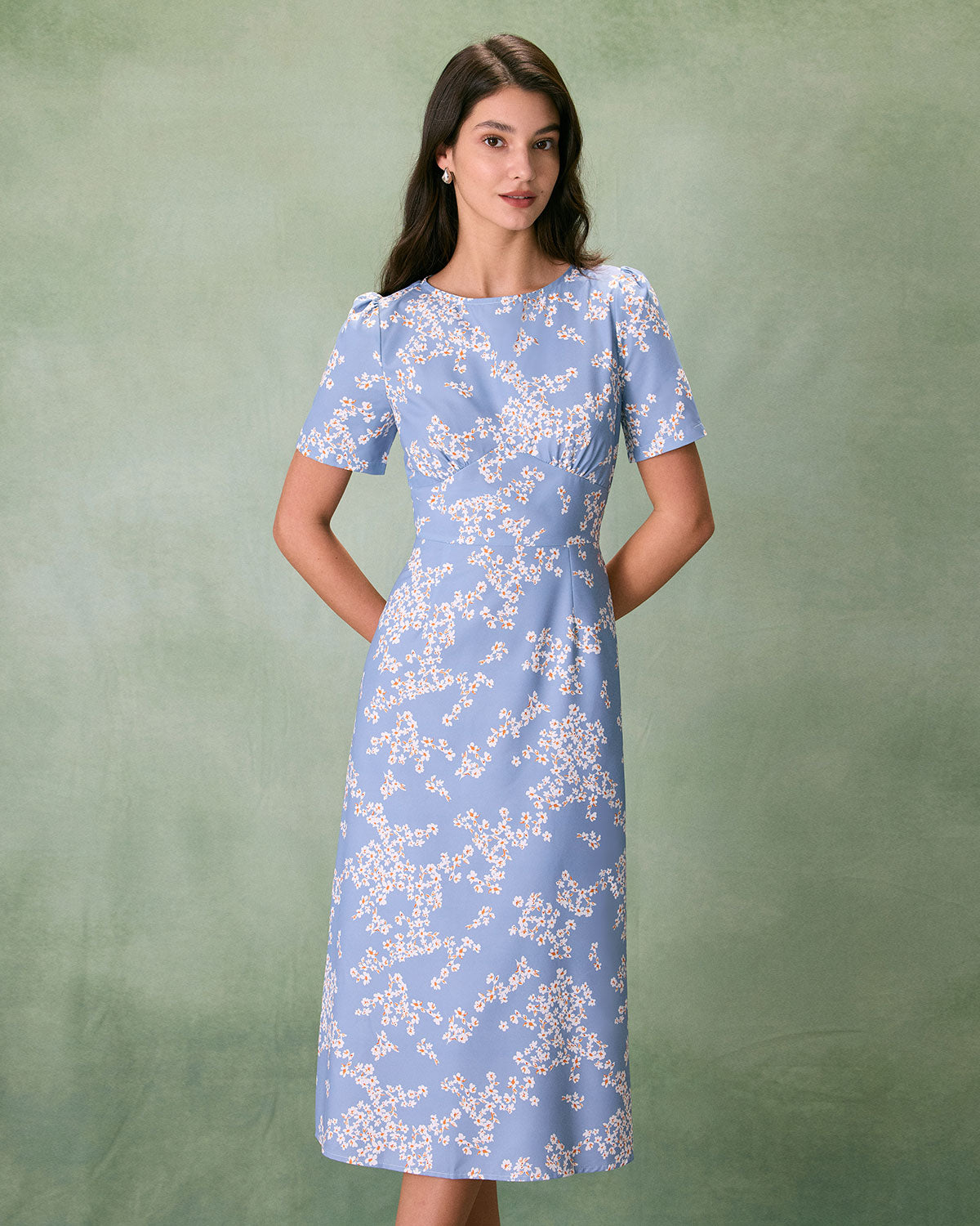 The Blue Round Neck Floral Midi Dress