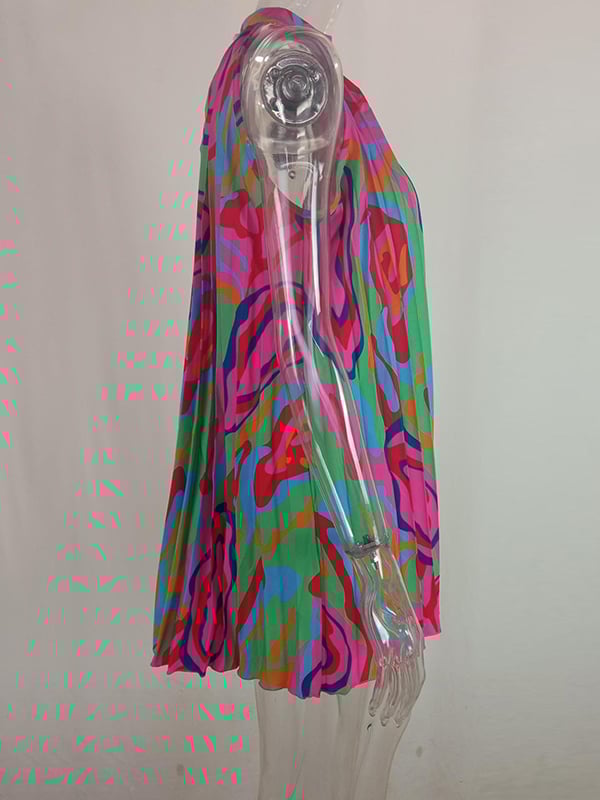 Loose Plus Size Pleated Printed Halter-Neck Mini Dresses Short Dresses