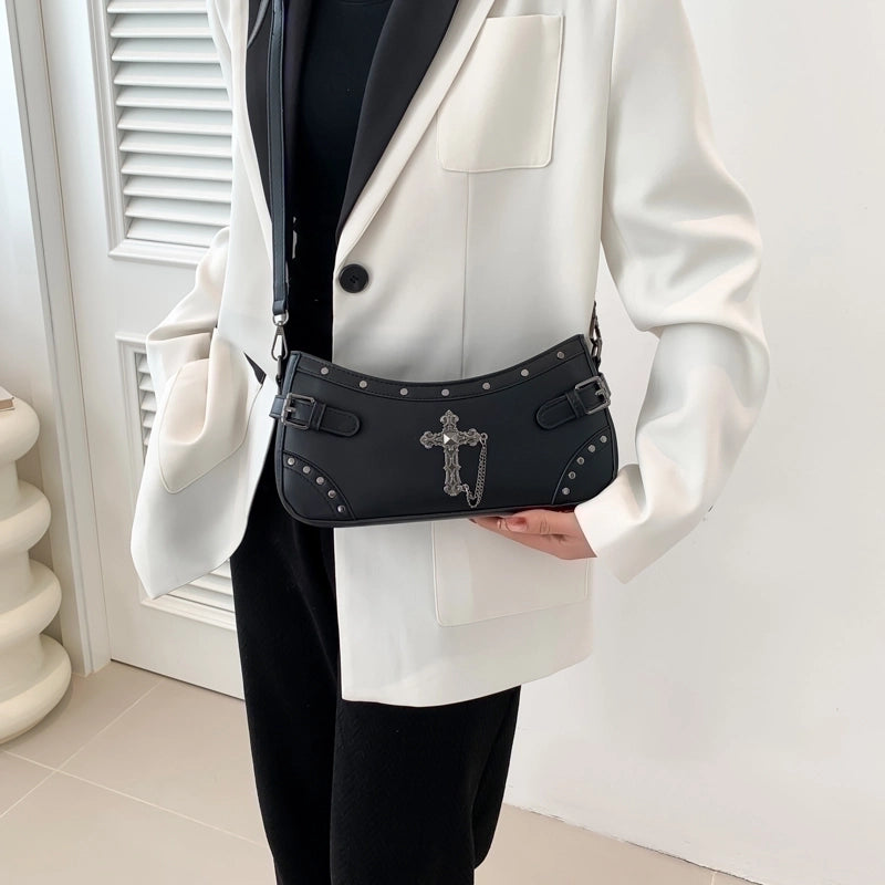 Halloween Women's Pu Leather Cross Skull Punk Sewing Thread Zipper Crossbody Bag
