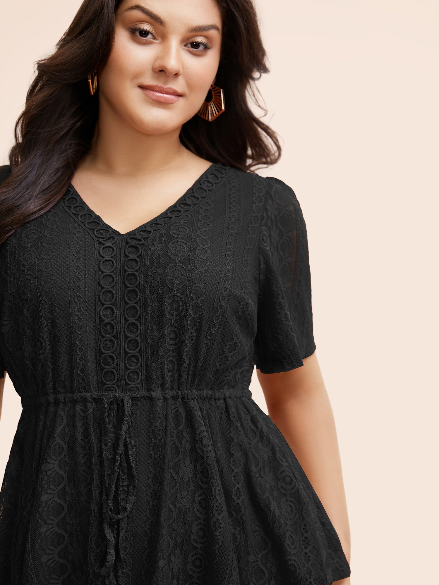 V Neck Lace Panel Drawstring Blouse