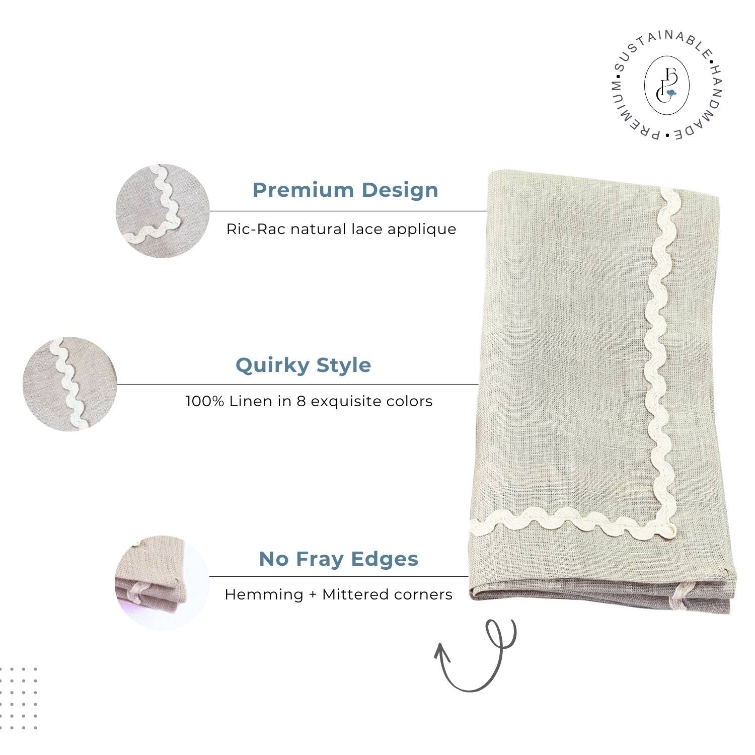 Natural Rick Rack Lace 100% Linen Napkins