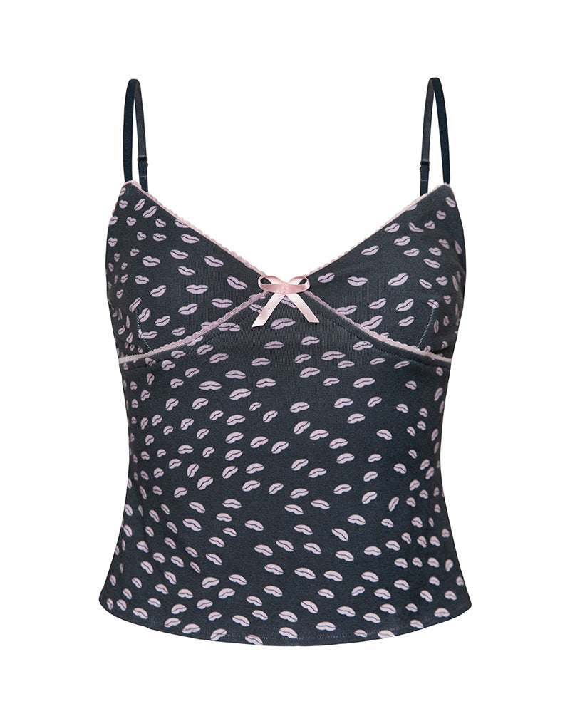 Narumi Cami Top in Black Micro Lips Pink