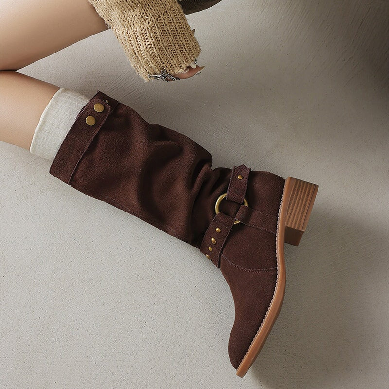 Belted Suede?Leather Riding Boots Low Block Heel Mid Calf Boots in Black/Brown/Green