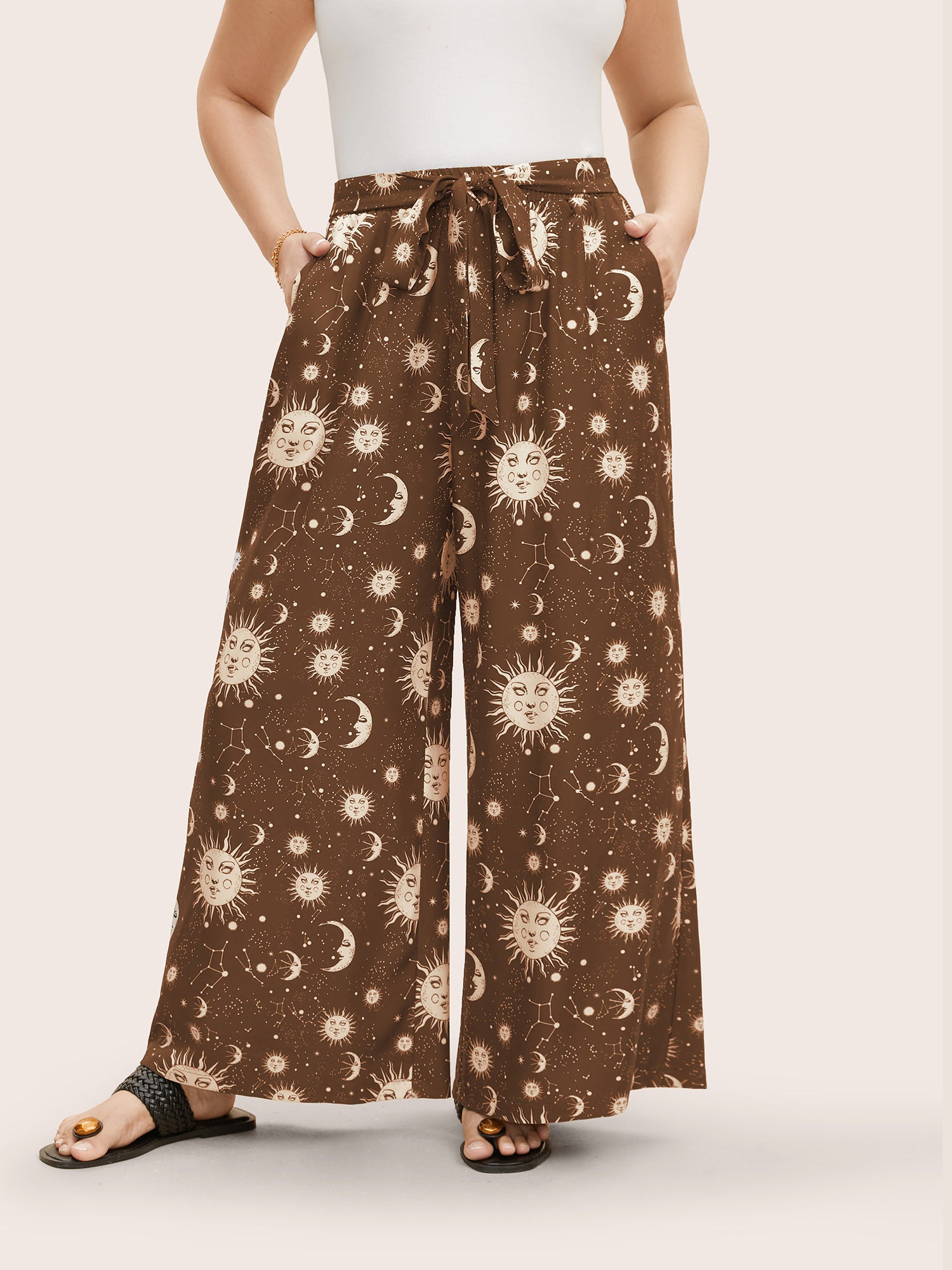 Silhouette Floral Print Ties Side Seam Pocket Pants