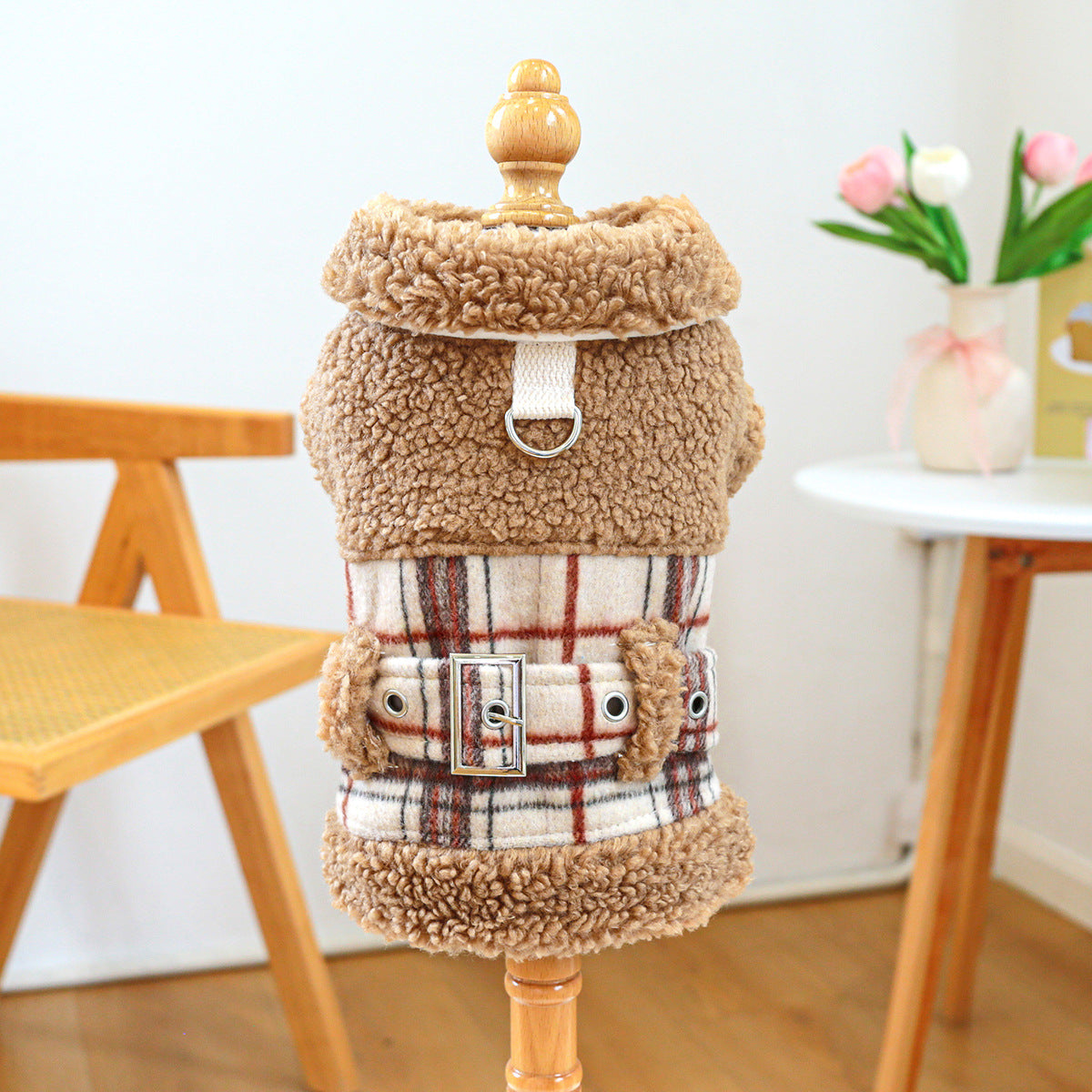 Plaid Pattern Belt Fleece Warm Dog Harness Jacket