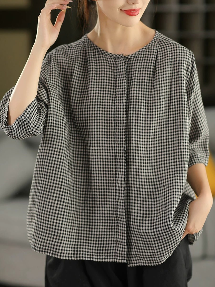 Women Summer Vintage Plaid 100%Linen O-Neck Shirt