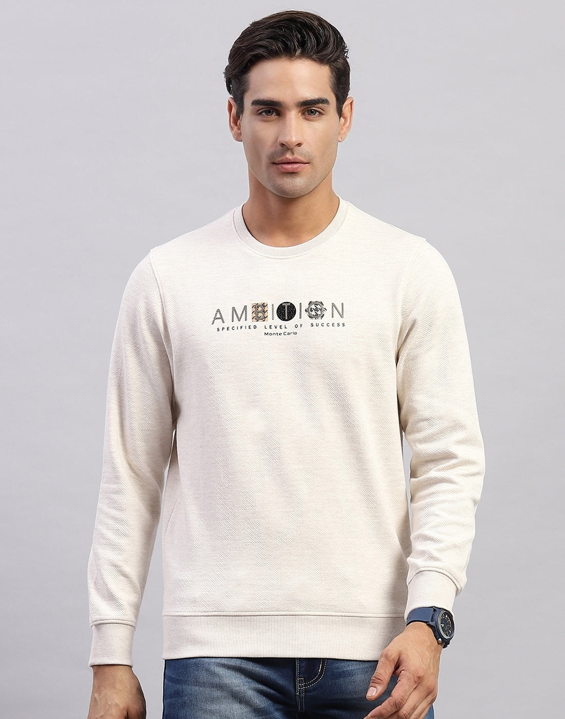 Men Beige Printed Round Neck Full Sleeve Winter T-Shirt