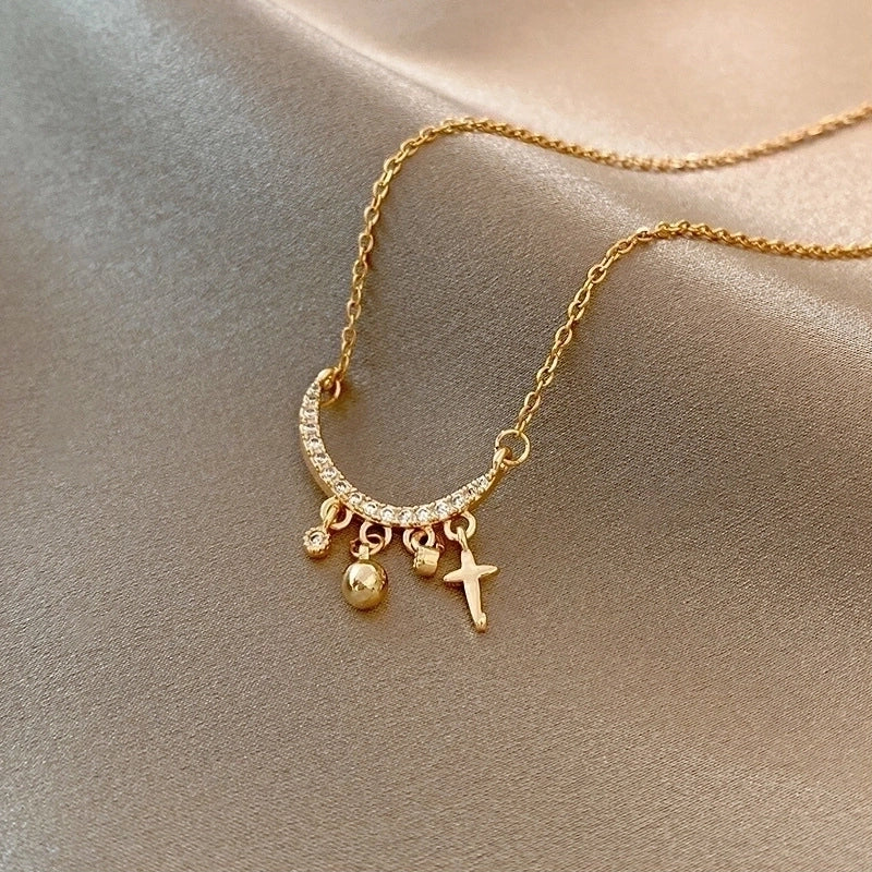 Elegant Minimalist Geometric Titanium Steel Plating Inlay Artificial Pearls Shell Zircon Necklace