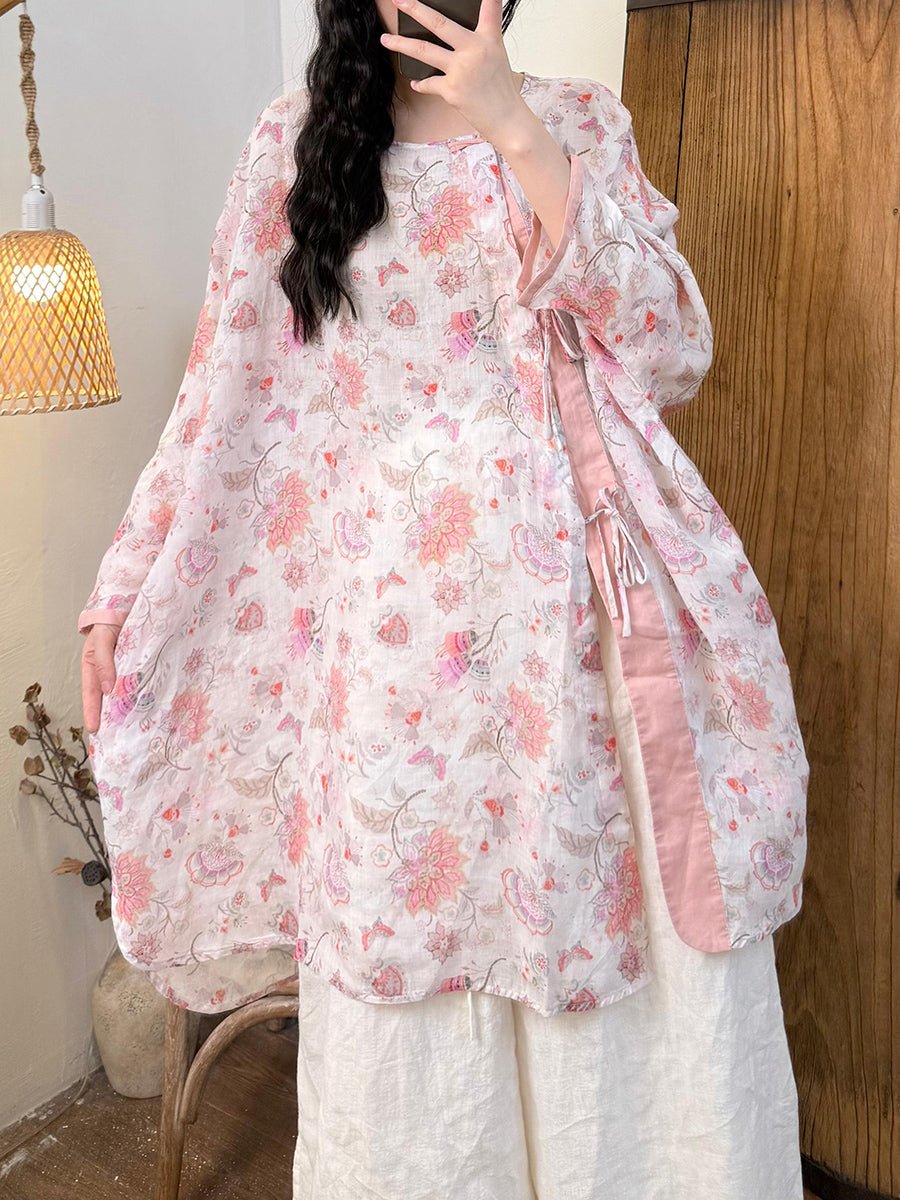 Women Summer Artsy Butterfly Flower Ramie O-Neck Shirt