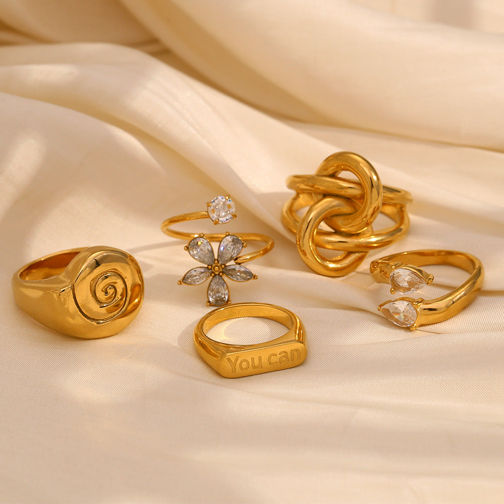 Niche Design White Diamond Flower Hand-Decorated Stainless Steel 18K Gold-Plated Conch Double-Layer Knotted Ring
