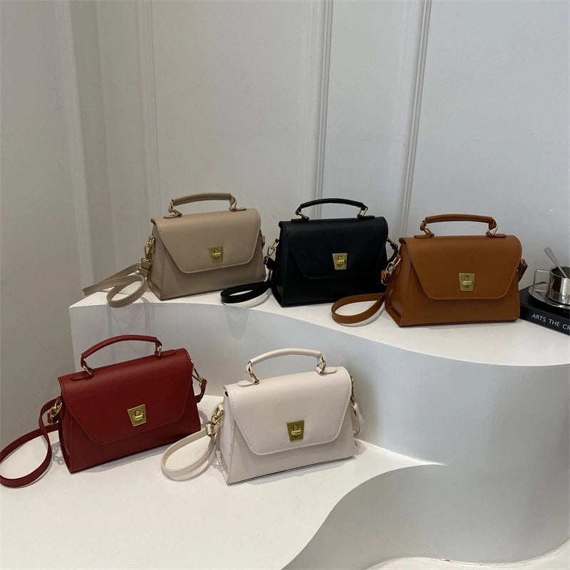 Women's Pu Leather Solid Color Basic Sewing Thread Square Lock Clasp Shoulder Bag Crossbody Bag