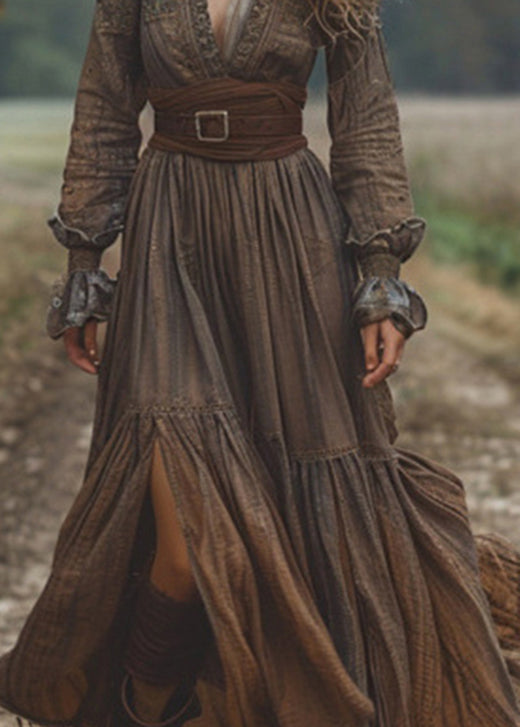 Elegant Dark Coffee Wrinkled Patchwork Cotton Long Dress Fall