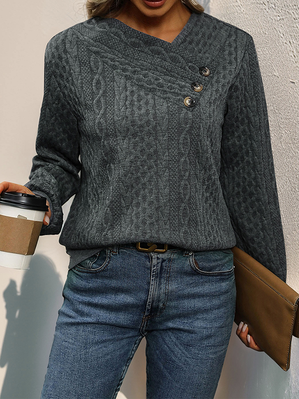 Long Sleeves Loose Buttoned Solid Color Split-Joint V-Neck Sweatshirt Tops