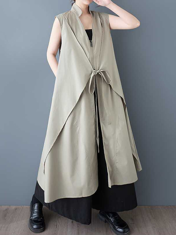 A-Line Loose Pockets Solid Color Tied Zipper V-Neck Midi Dresses Shirt Dress