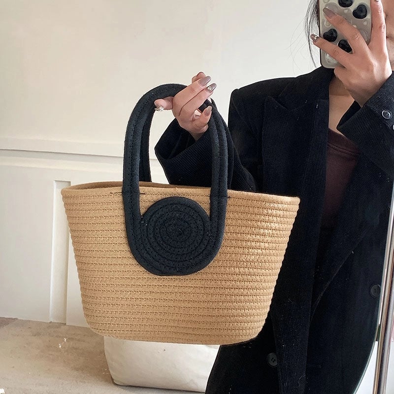 Women's Large Cotton Solid Color Vacation Weave Bucket Open Tote Bag