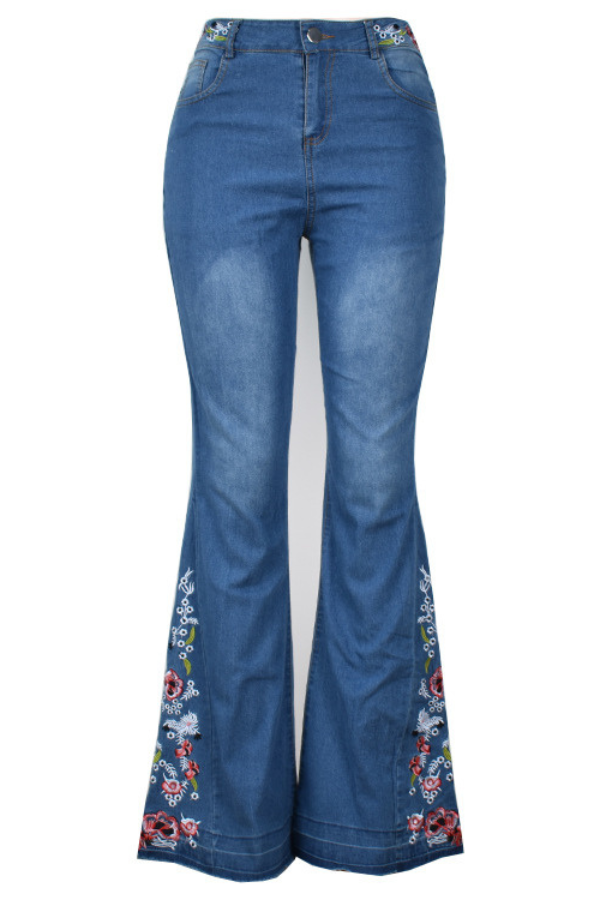 Embroidery Floral Jeans For Women Flares Bell Wide Leg Jeans Vintage Retro Denim Pants