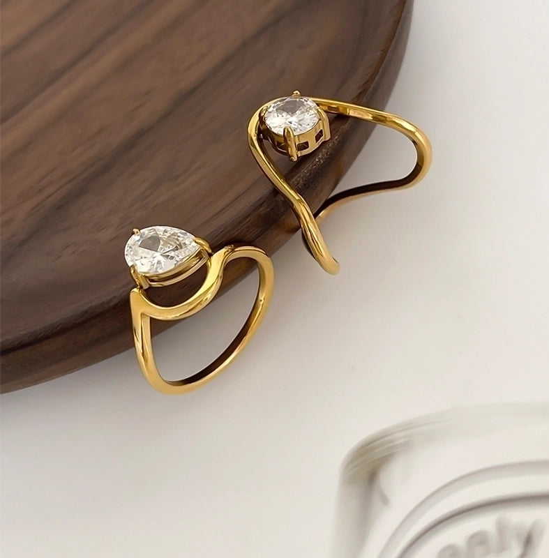 Romantic Shiny Round Water Droplets 316L Stainless Steel  Zircon 18K Gold Plated Inlay Rings