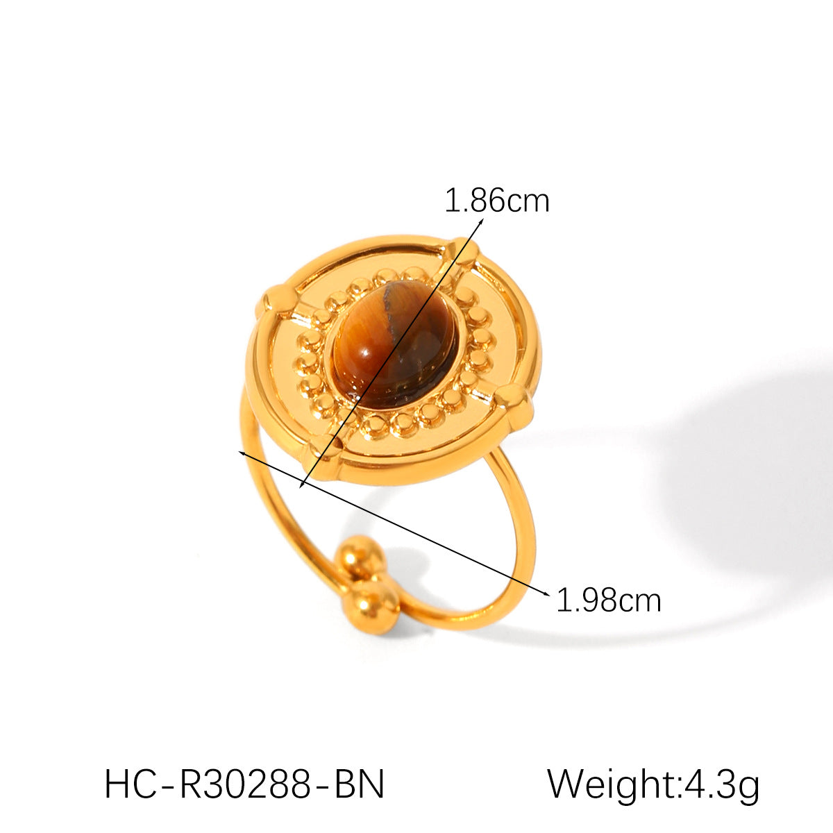 French Retro Stainless Steel Inlaid Natural Tiger Eye Stone Ring Female All-Match Geometric Titanium Steel Ring