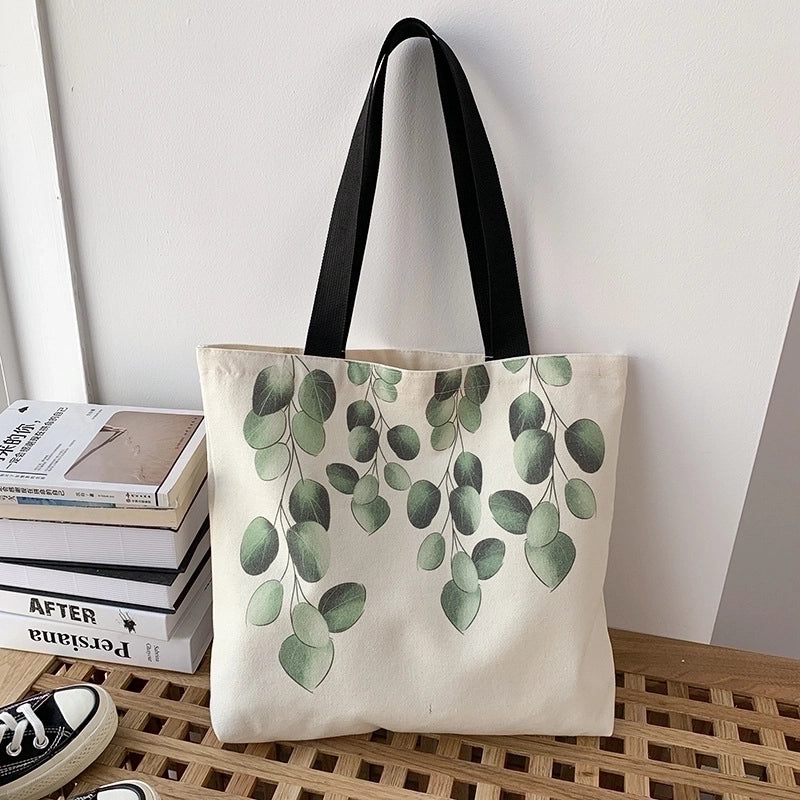 Women's Large Canvas Leaves Basic Zipper Canvas Bag