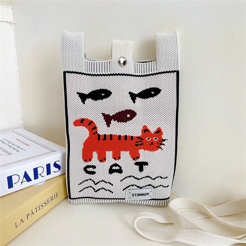 Women's Small Knit Cartoon Cute Bucket Lock Clasp Phone Wallets