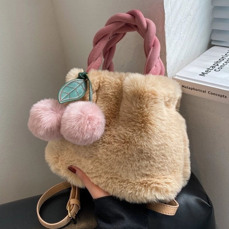 Women's All Seasons Plush Solid Color Elegant Bucket Magnetic Buckle Shoulder Bag Handbag Bucket Bag