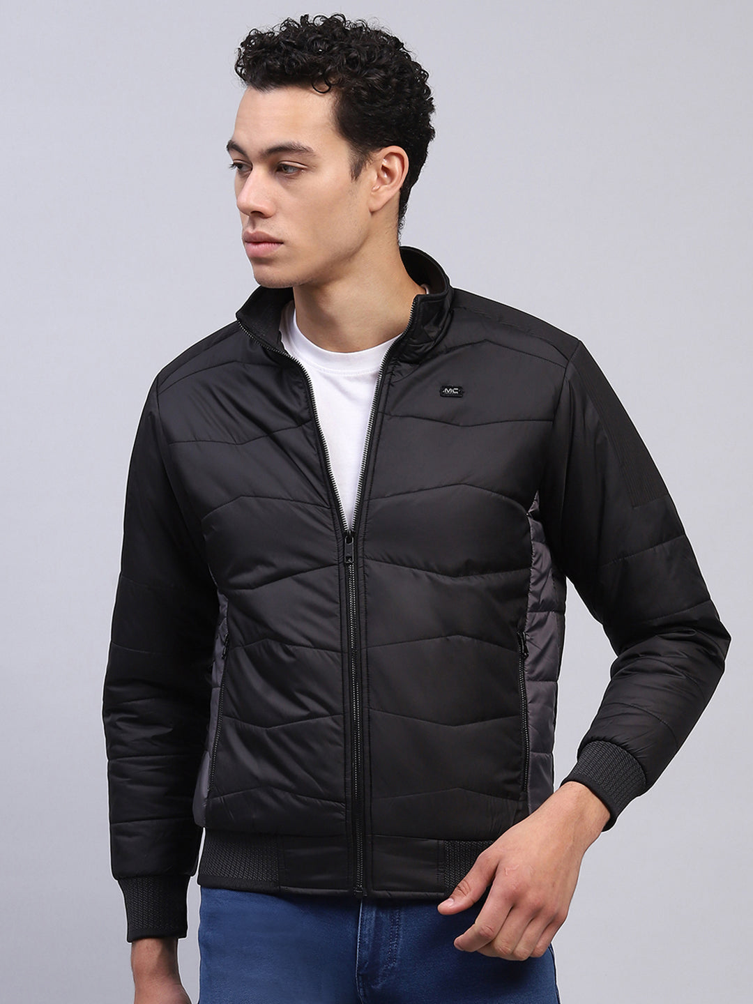 Men Black Solid Mock Neck Full Sleeve Jacket