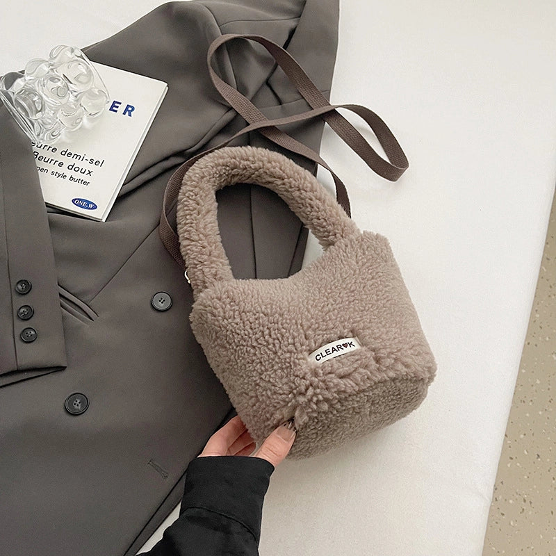Women's Plush Solid Color Cute Bucket Magnetic Buckle Shoulder Bag Handbag Crossbody Bag
