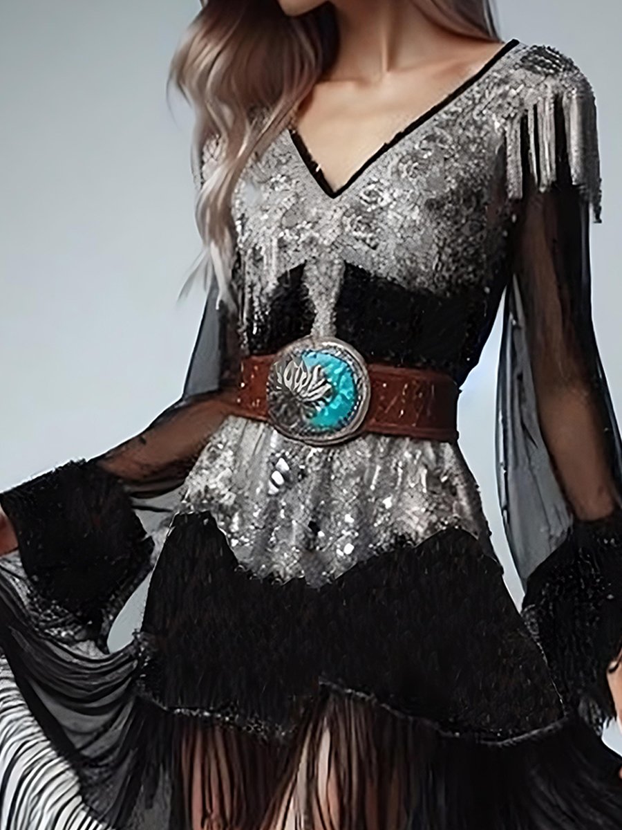 Luxury Glitter V Neck Fringe Flare Sleeve Midi Dress
