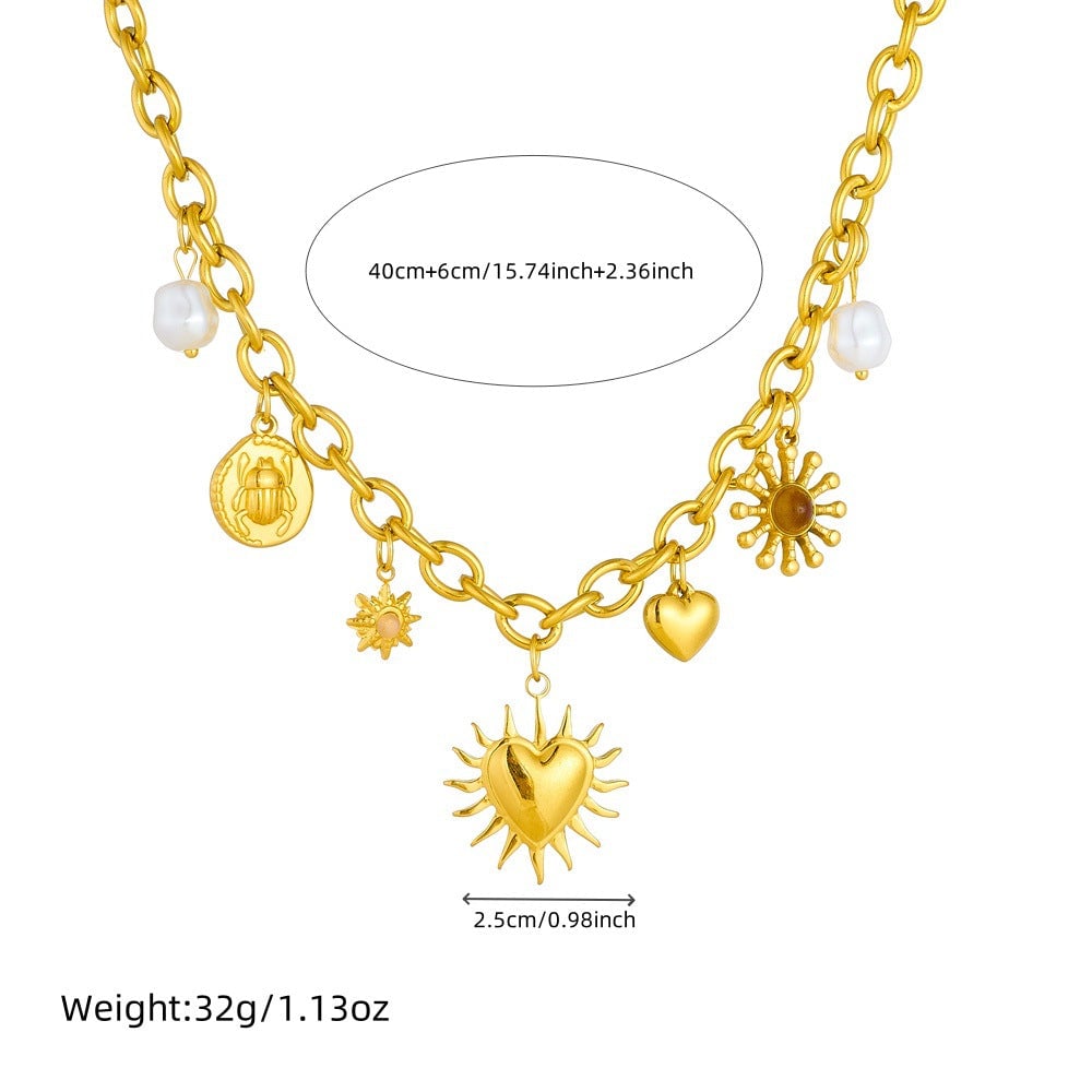 Fashion Retro Gold-Plated Thick Chain Sun Love Heart Pearl Insect Round Plate Stainless Steel Pendant Necklace