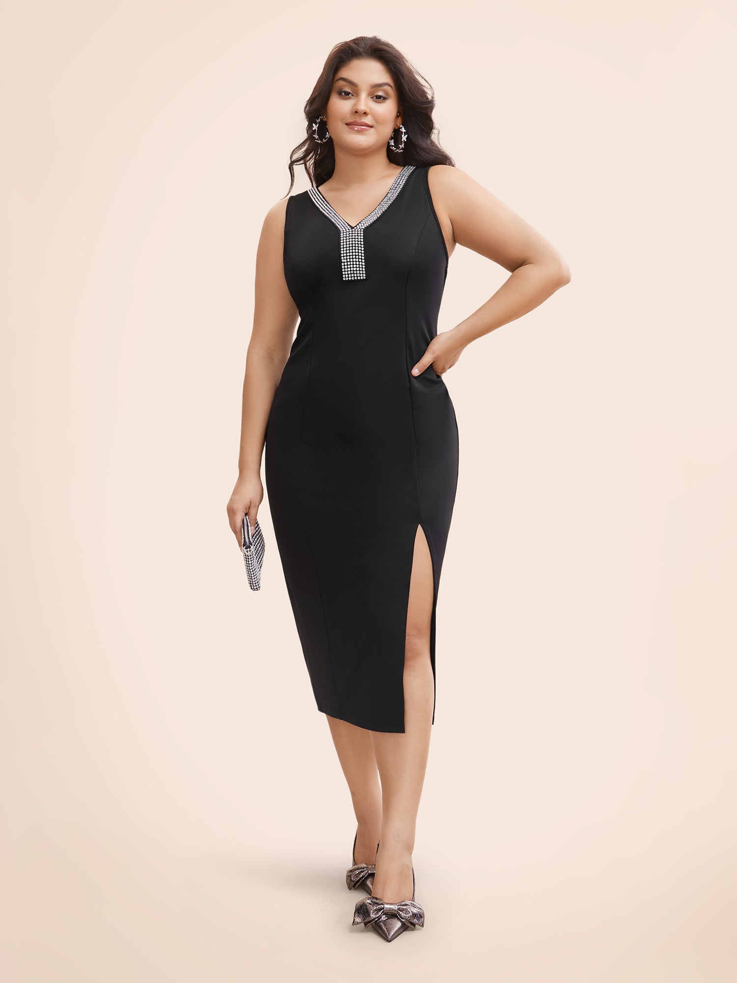 Rhinestone V Neck Split Hem Dress