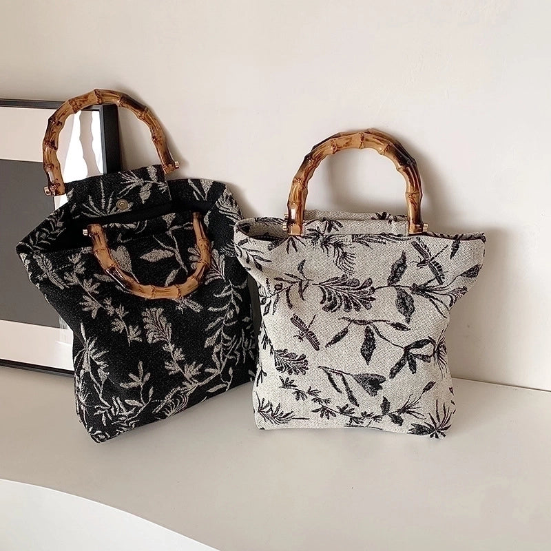Women's Medium Cotton Leaves Vintage Style Square Magnetic Buckle Handbag