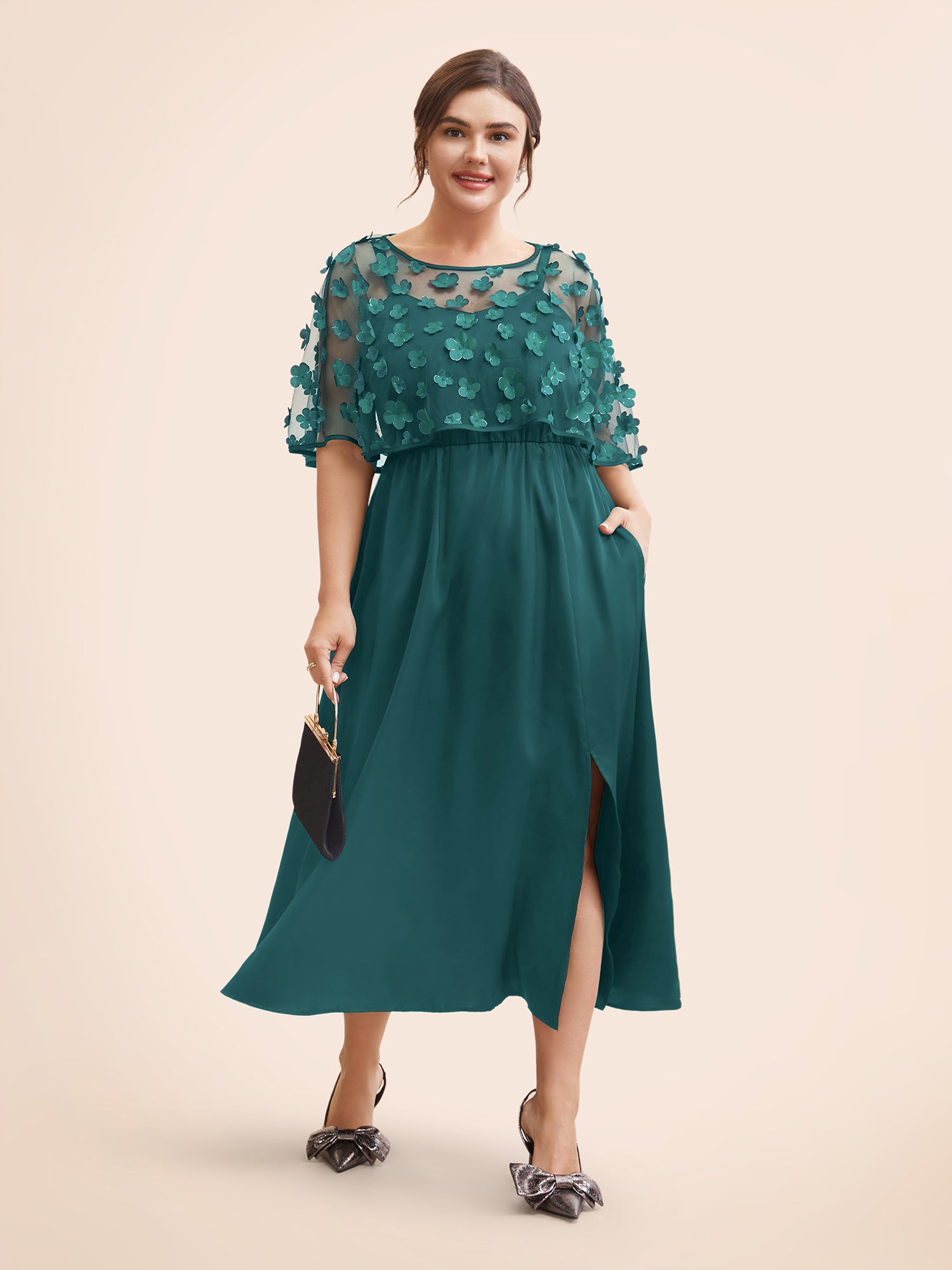 Appliques Mesh Split Hem Dolman Sleeve Dress