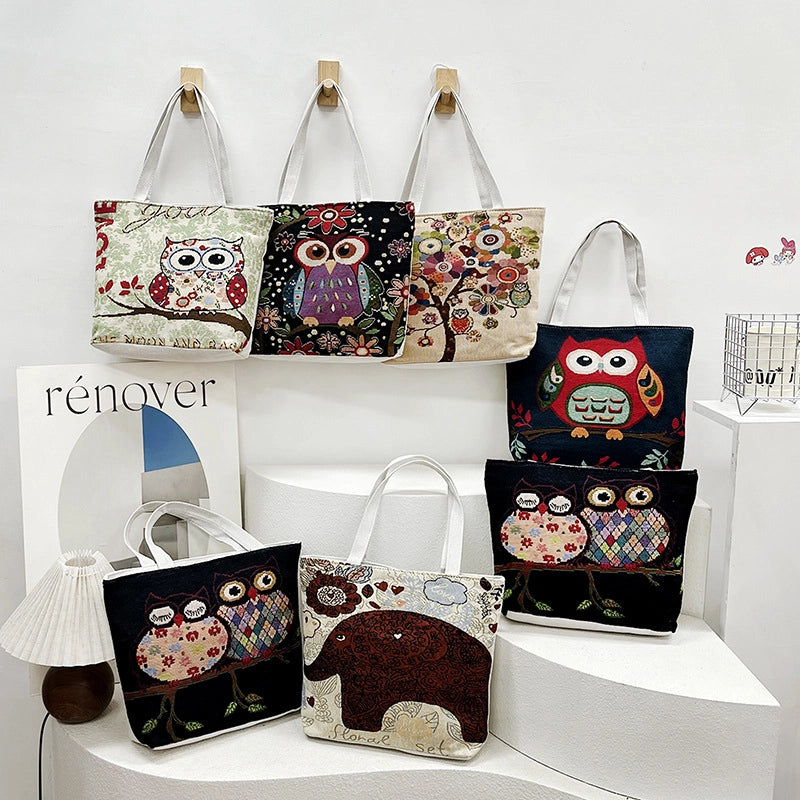 Women's Canvas Owl Classic Style Sewing Thread Square Open Tote Bag