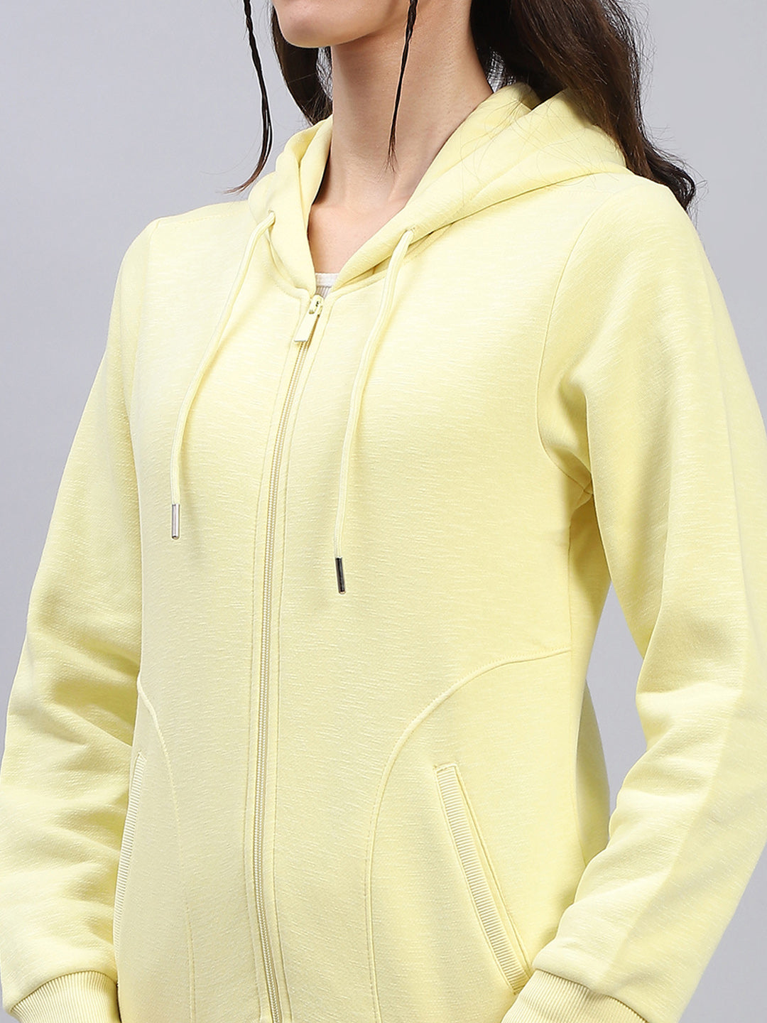 Women Yellow Solid Hooded Full Sleeve Sweatshirt