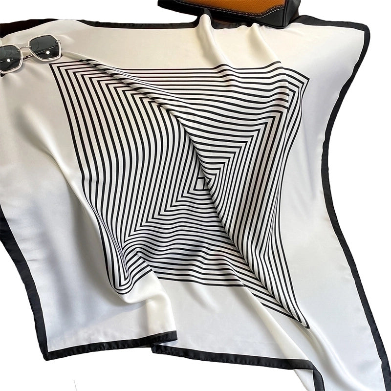 Fashion Light Luxury 90cm Simulation Silk Scarf Simple Striped Large Square Scarf