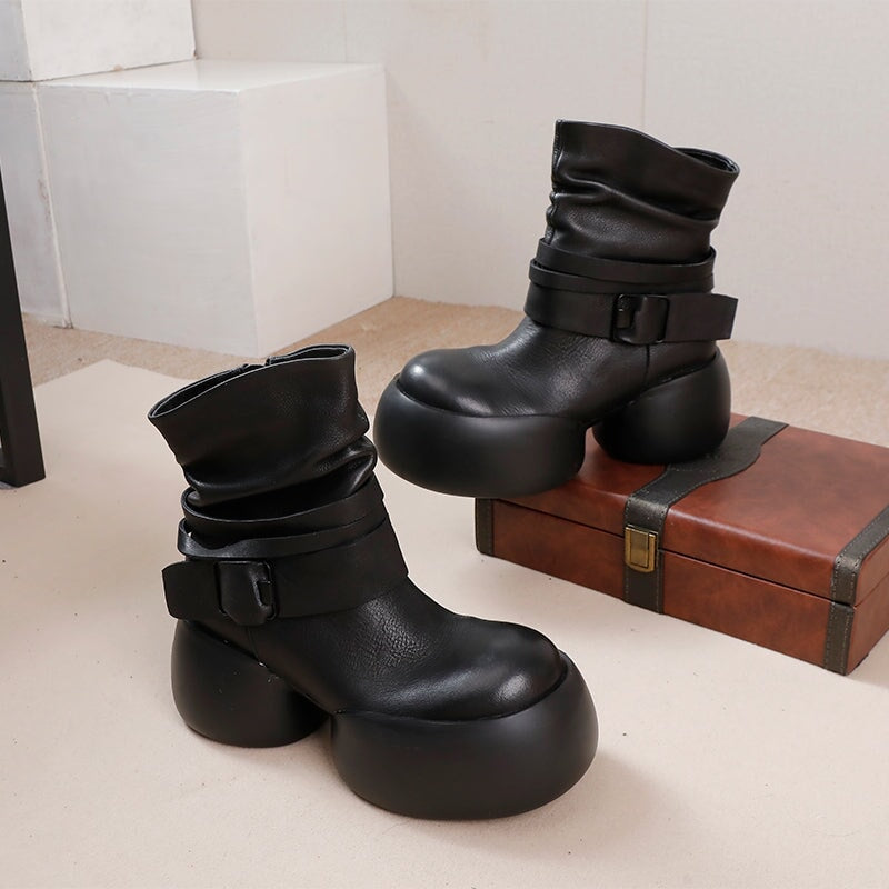 Handcrafted 75mm Platform Leather Slouch Boots for Women - Fall Collection in Black/Brown