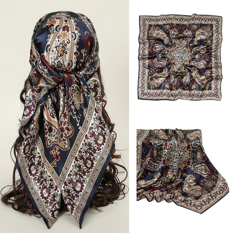 Women's Sweet Pastoral Flower Satin Silk Scarf Kerchief