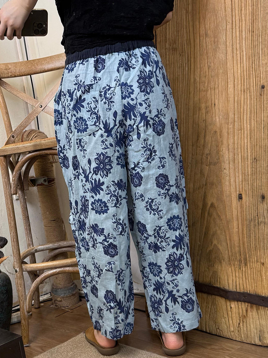 Women Summer Artsy Flower Linen Straight Pants