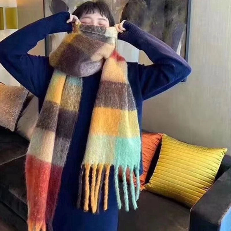 Rainbow Plaid Scarf Women's Autumn And Winter Thickened Mohair Student Couple Contrast Color Matching Thickened