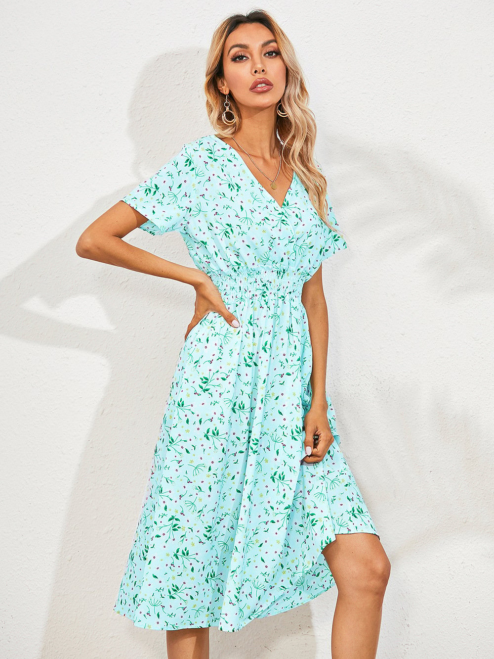 Women V-neck floral print short-sleeved dress