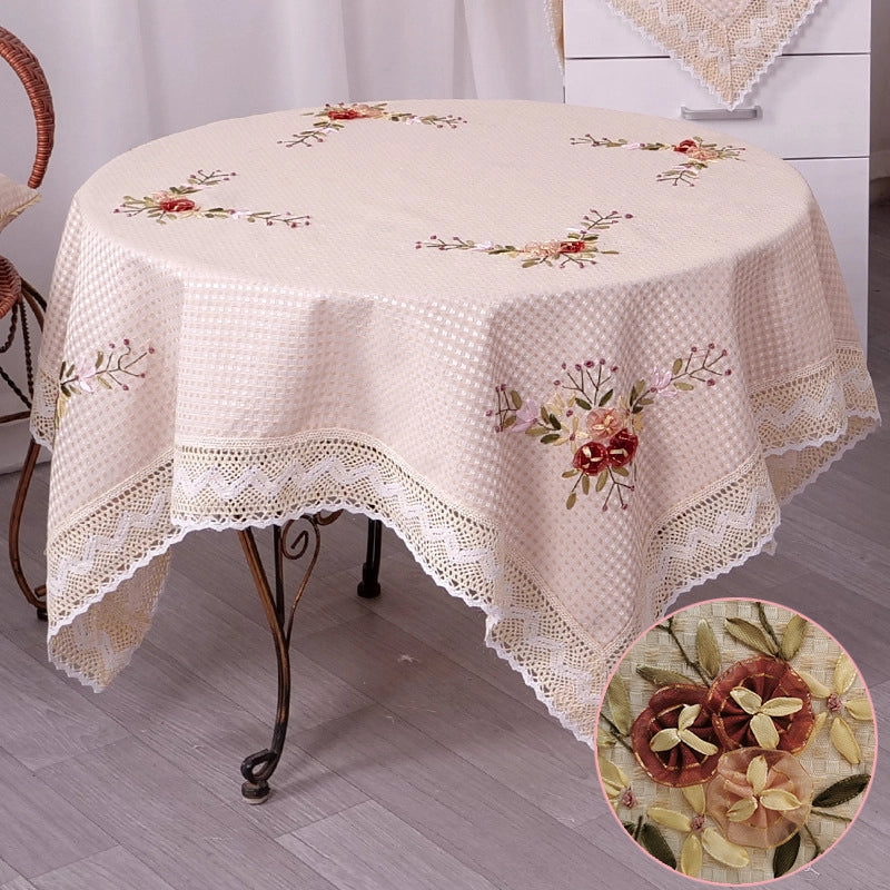 Dining Table Cloth Fabric Cotton Linen Rectangular Pastoral Tablecloth Ribbon Embroidered Small Fresh Simple Round Table Household Coffee Table Cloth