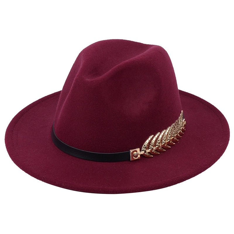 Metal Leaf Women's Woolen Hat Jazz Hat Autumn And Winter British Retro Top Hat Women