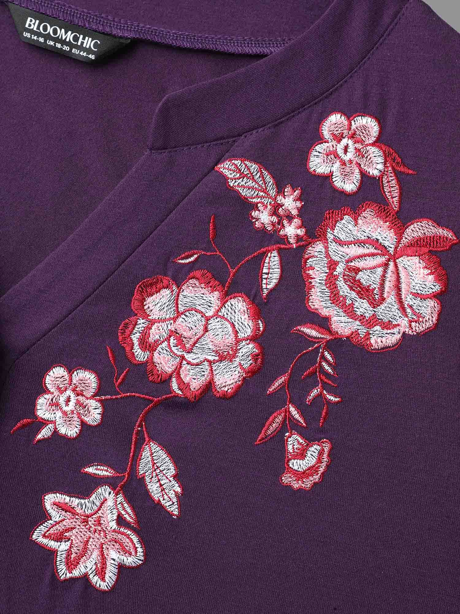 Notched Floral Embroidered  Button Top