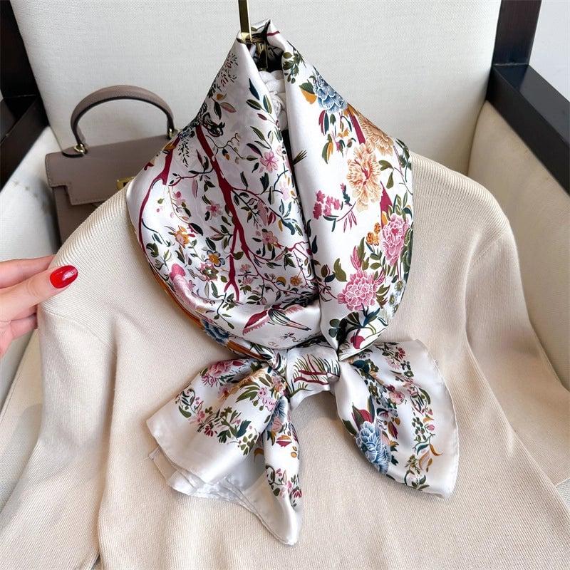 Elegant Small Floral Large Size Shawl High-grade Printed Silk Scarf Imitation Silk Scarf New Long Scarf Thin Li Brocade Satin