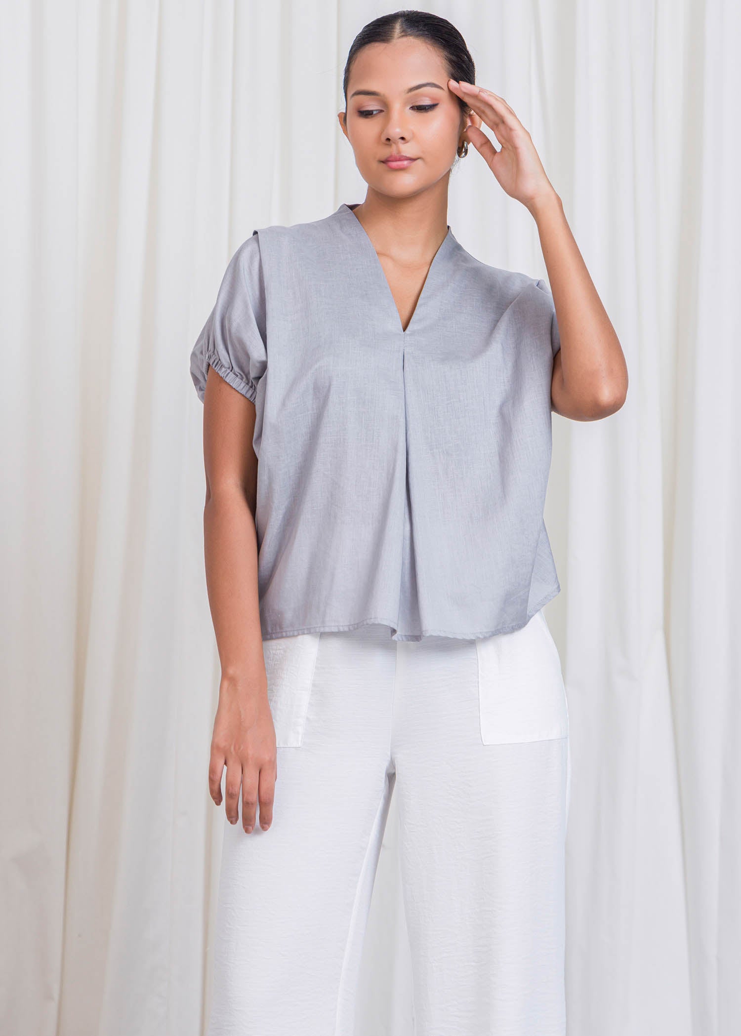 V Neck Blouse With Front Pleat