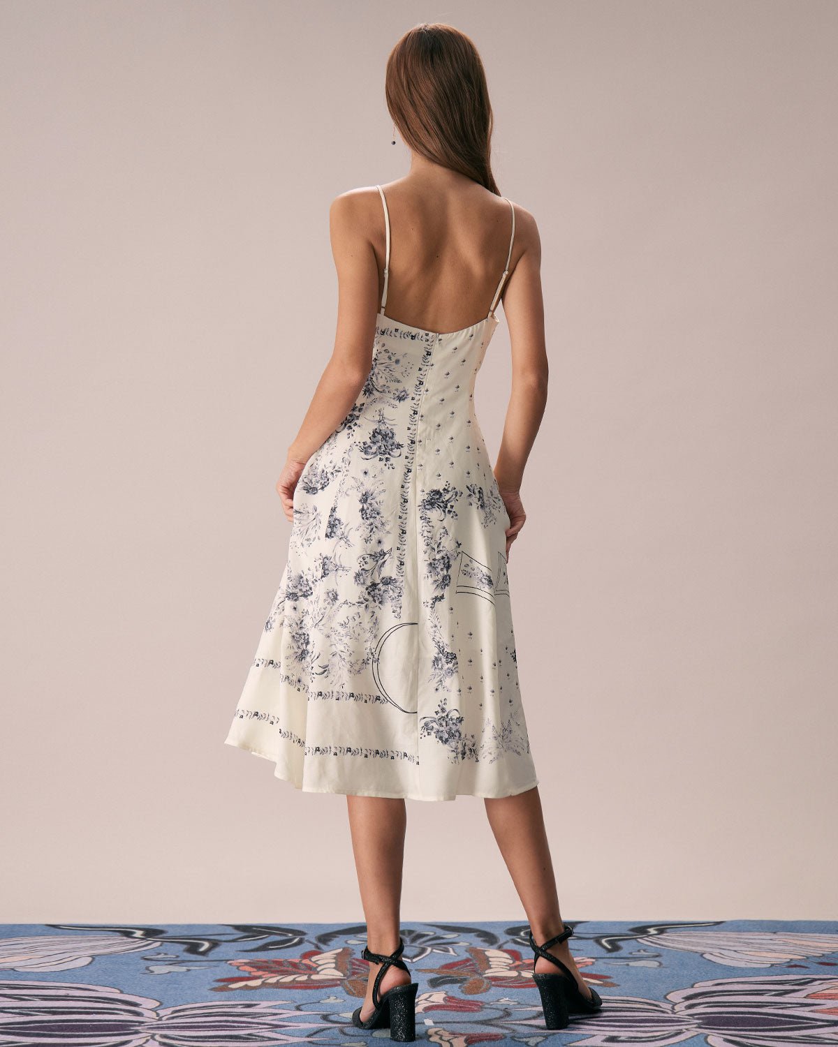 The Beige Floral Split Hem Slip Midi Dress